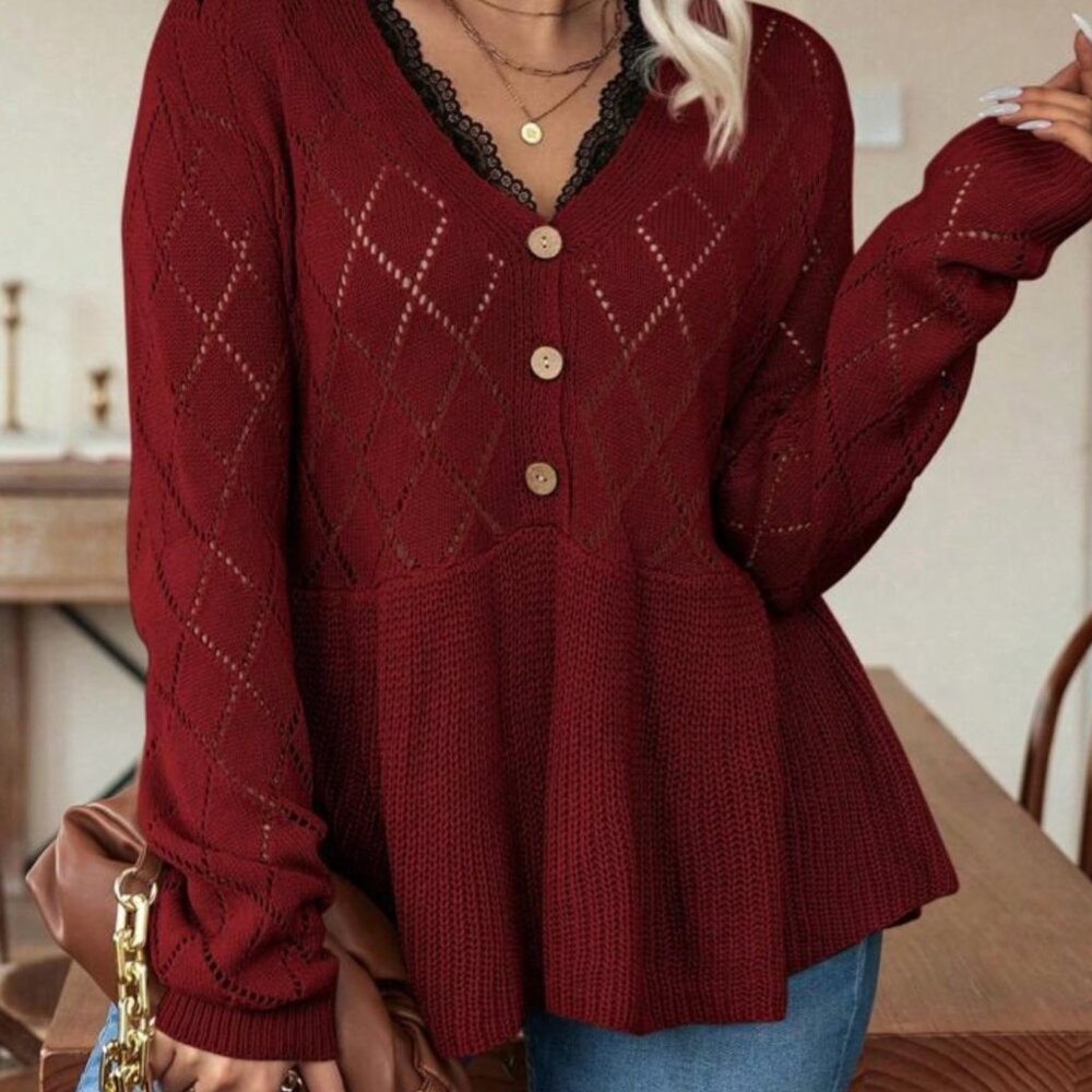 Shein Plus Emery Rose Contrast Lace Button Front Peplum Sweater